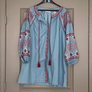 NWOT Chambray Embroidered Puff Sleeve Dress